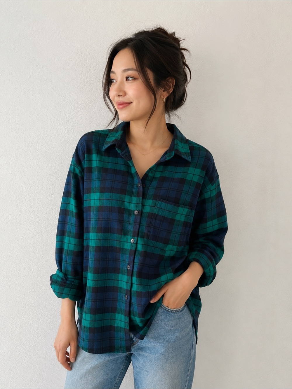 Women’s Plaid Button-Up Shirt - Green/Navy